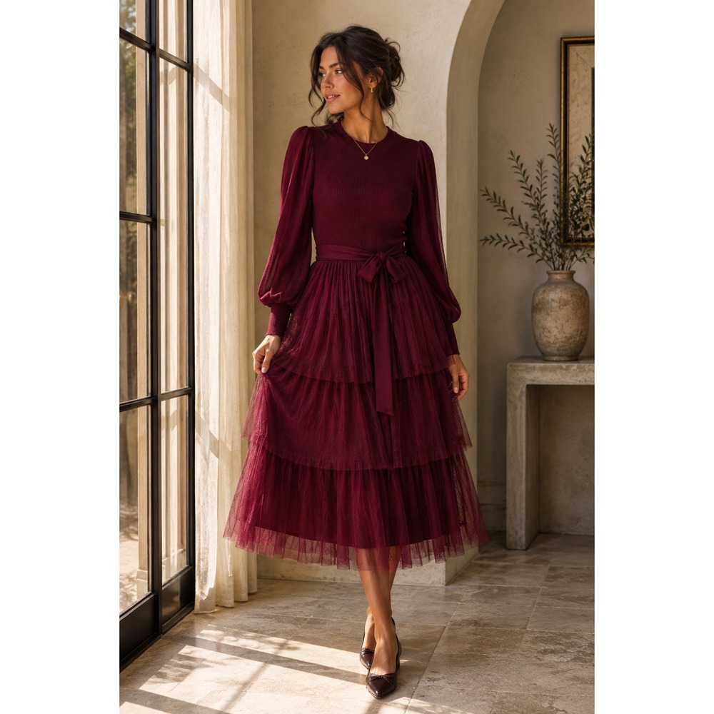 Ivy City Co Cosette Ribbed Knit Tiered Tulle Puff Sleeve Midi Dress Wine‎ S